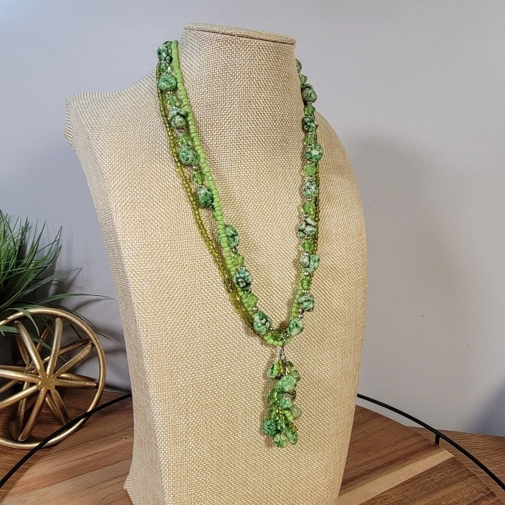 Triple strand Green Stone and Bead Statement Necklace With Tassel